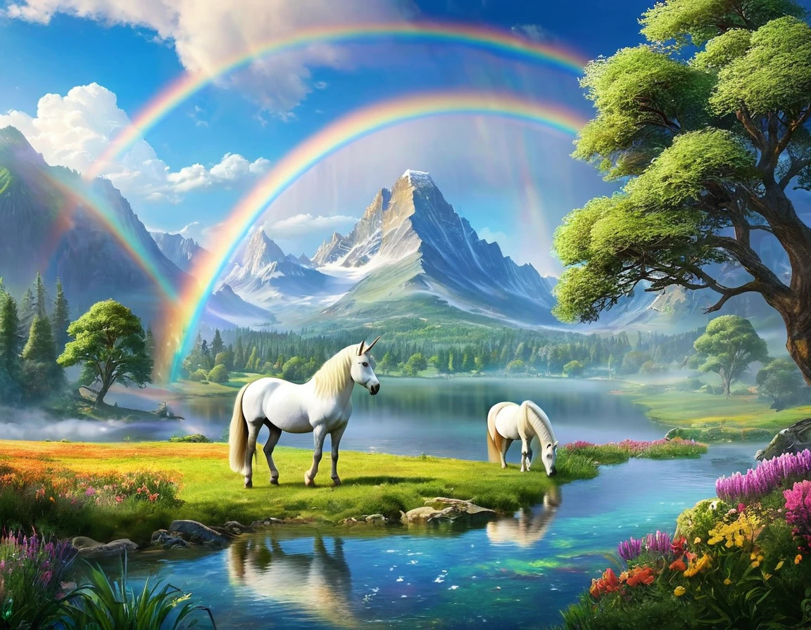 Create a stunning, photorealistic landscape image set in a magical land. This land should be adorned with serene lakes reflecting the vibrant colors of a double rainbow arching across the sky. Majestic mountains should rise in the distance, cloaked in mist. In the foreground, include graceful unicorns peacefully grazing, while exotic and fantastical animals roam freely, adding a sense of wonder to this enchanting world.