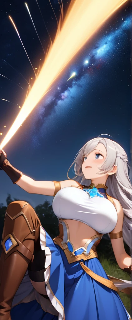Highest quality, Super quality, 16K, Incredibly absurd, Very detailed, 2.5D, delicate and dynamic, battlefield, Small faint lights and flying fireflies, night, Starry Sky, milky way, nebula, shooting star, Extremely delicate facial expression, Delicate eye depiction, Upper body close-up, sole sexy lady, healthy shaped body, 22 years old lady, final fantacy xvi Jill Warrick, 170cm tall, big firm bouncing busts, white silver long hair, Jill Warrickのコスチューム, blue long skirt, brown leather long boots, Summon Shiva