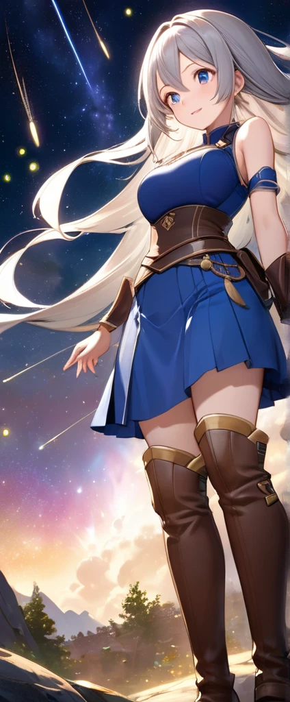 Highest quality, Super quality, 16K, Incredibly absurd, Very detailed, 2.5D, delicate and dynamic, battlefield, Small faint lights and flying fireflies, night, Starry Sky, milky way, nebula, shooting star, Extremely delicate facial expression, Delicate eye depiction, Upper body close-up, sole sexy lady, healthy shaped body, 22 years old lady, final fantacy xvi Jill Warrick, 170cm tall, big firm bouncing busts, white silver long hair, Jill Warrickのコスチューム, blue long skirt, brown leather long boots, Summon Shiva