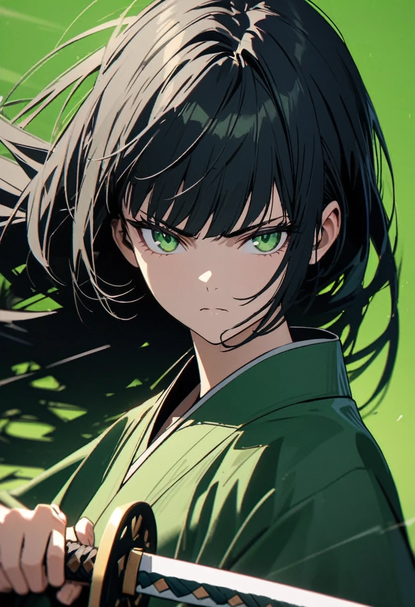 Young woman, perfect anatomic draw, perfect eyes, long black hair, beautiful eyes, straight bangs down, green eyes, beautiful, (green kimono), in the green background, serious face, serious woman, brave pose, fighting with a katana, 8k, high quality, full HD.