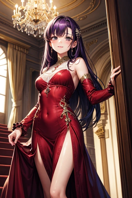 (Masterpiece), Best Quality, expressive eyes, a perfect face, 1 girl, Alone, purple hair, Brown eyes, Little mom, SMILE, blush, long dress, loose dress, wide dress at the bottom, Red dress, dance room dress, dance room, long red gloves, go down the stairs, holds the dress, look at the viewer, inside, dark lighting, chandelier light