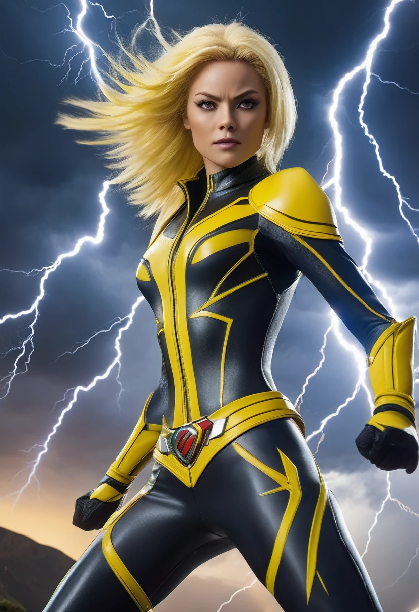 a powerful thunder ranger with a beautiful face, small breasts, wearing a tight suit, with yellow hair, wielding alien weapons, against a dramatic thunder backdrop, ultra-detailed, 8k, highly realistic, cinematic lighting, dramatic colors