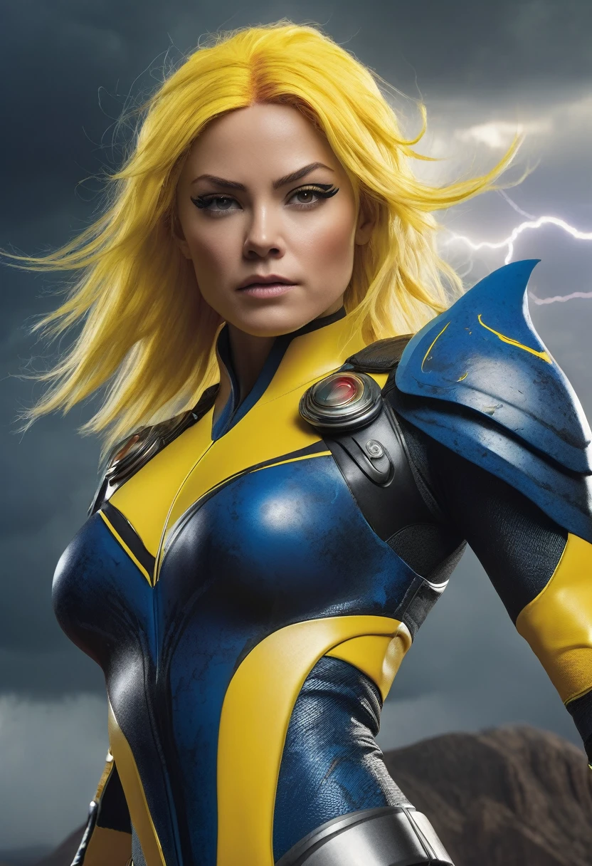 a powerful thunder ranger with a beautiful face, small breasts, wearing a tight suit, with yellow hair, wielding alien weapons, against a dramatic thunder backdrop, ultra-detailed, 8k, highly realistic, cinematic lighting, dramatic colors