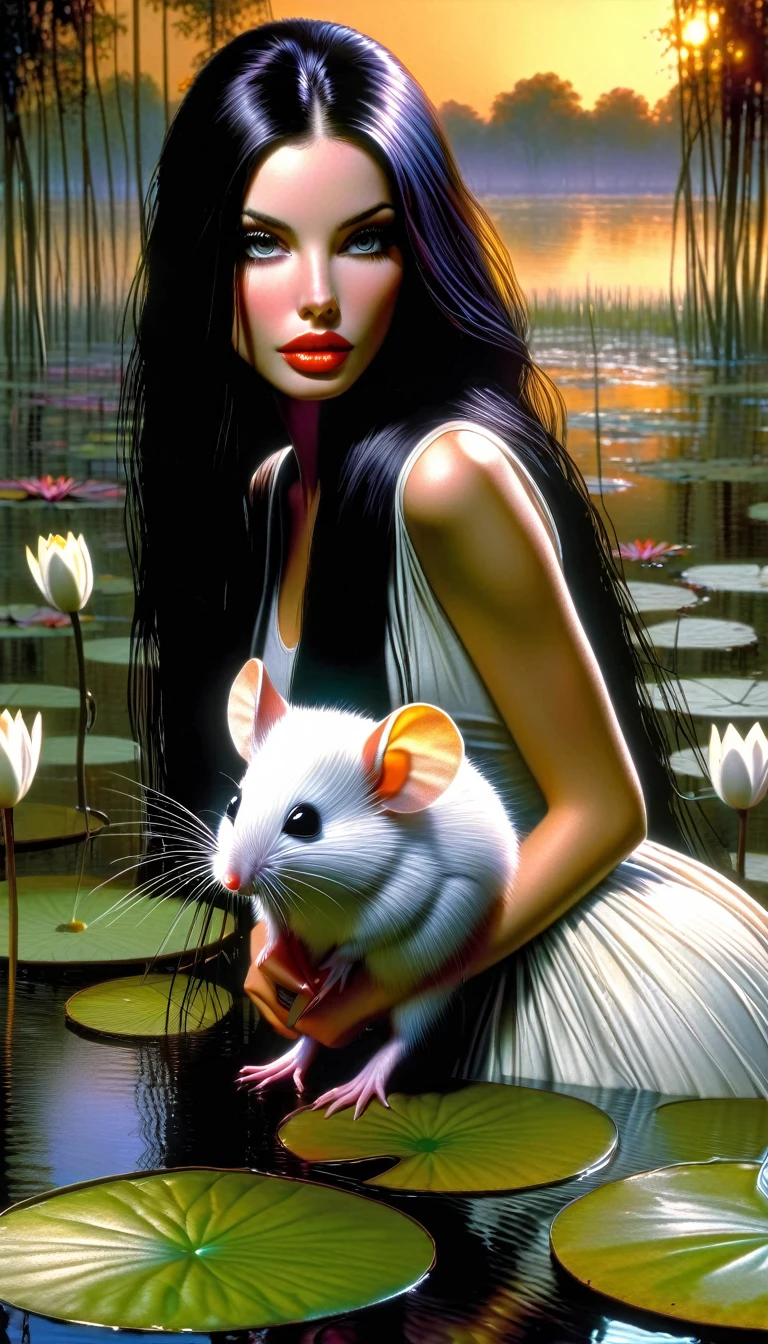 a sexy woman with long black hair, beautiful detailed eyes, beautiful detailed lips, extremely detailed eyes and face, long eyelashes, her pet mouse, standing in a swamp with water lilies, wet white dress, smelling the flowers of a tree, great landscape, sunset, (best quality,4k,8k,highres,masterpiece:1.2),ultra-detailed,(realistic,photorealistic,photo-realistic:1.37),HDR,UHD,studio lighting,ultra-fine painting,sharp focus,physically-based rendering,extreme detail description,professional,vivid colors,bokeh,photo (art inspired in Bill Sienkiewicz).
