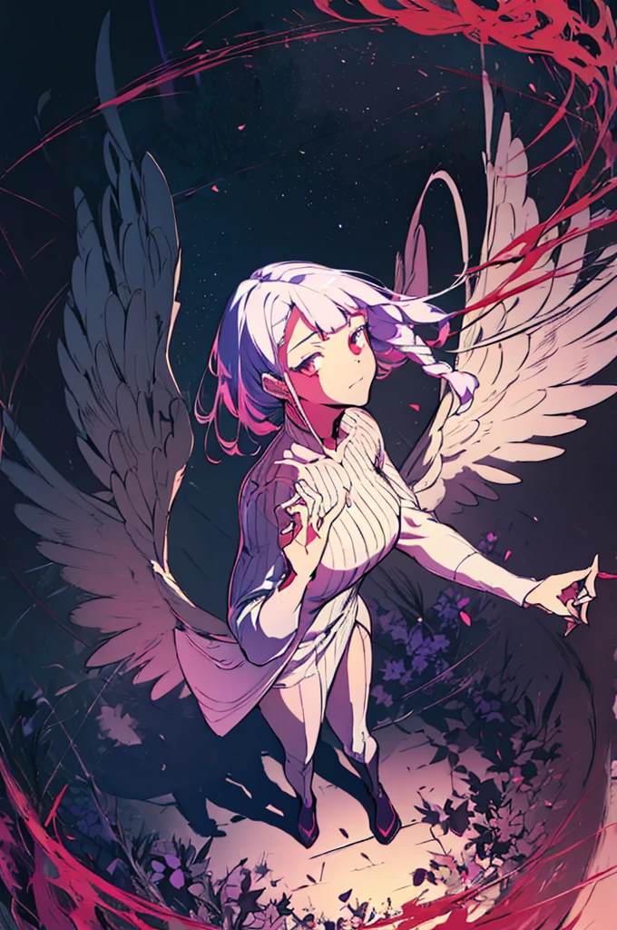 (masutepiece, Absurd quality, Best Quality, Official art, Beautiful and aesthetic:1.2), (1 little girl:1.4), ighly detailed, (Fractal Art:1.3), Colorful, highest details, Vivid Color, From above, Angel, albino, baby-face, Hugging the skull, Dark light, Fluffy white ruffled dress, White lace up short boots, fluffy Angel wings, Purple long hair, Beautiful detailed red eyes, glare at viewer, Lots of skulls,Full body,((upper body)),((Purple hair)),