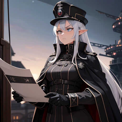 A woman, with silver hair with a reddish tone, light blue eyes, wearing a long black gothic coat with a slightly reddish tone, with iron cross symbols on the silver coat, black officer's hat with dress detail, with a iron cross, in a steampunk airship at night, serious face. Elf, elf officer, forcing papers into your hand.