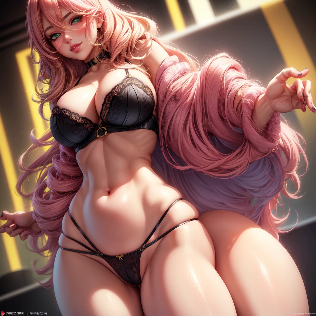 ((1 girls), solo, Big round breasts, thighs, hips, realistic, pink hair, blonde hair, light green eyes, lip gloss, detailed face, amazing big eyes, eye details, big lips, eyebrow details, blush, confident, dominant, bdsm, smirk, naughty, mischevious face, HD, good quality, curvy, standing up, thick thighs, attractive, amazing body, perfect body, slim thick, lingerie, salon
