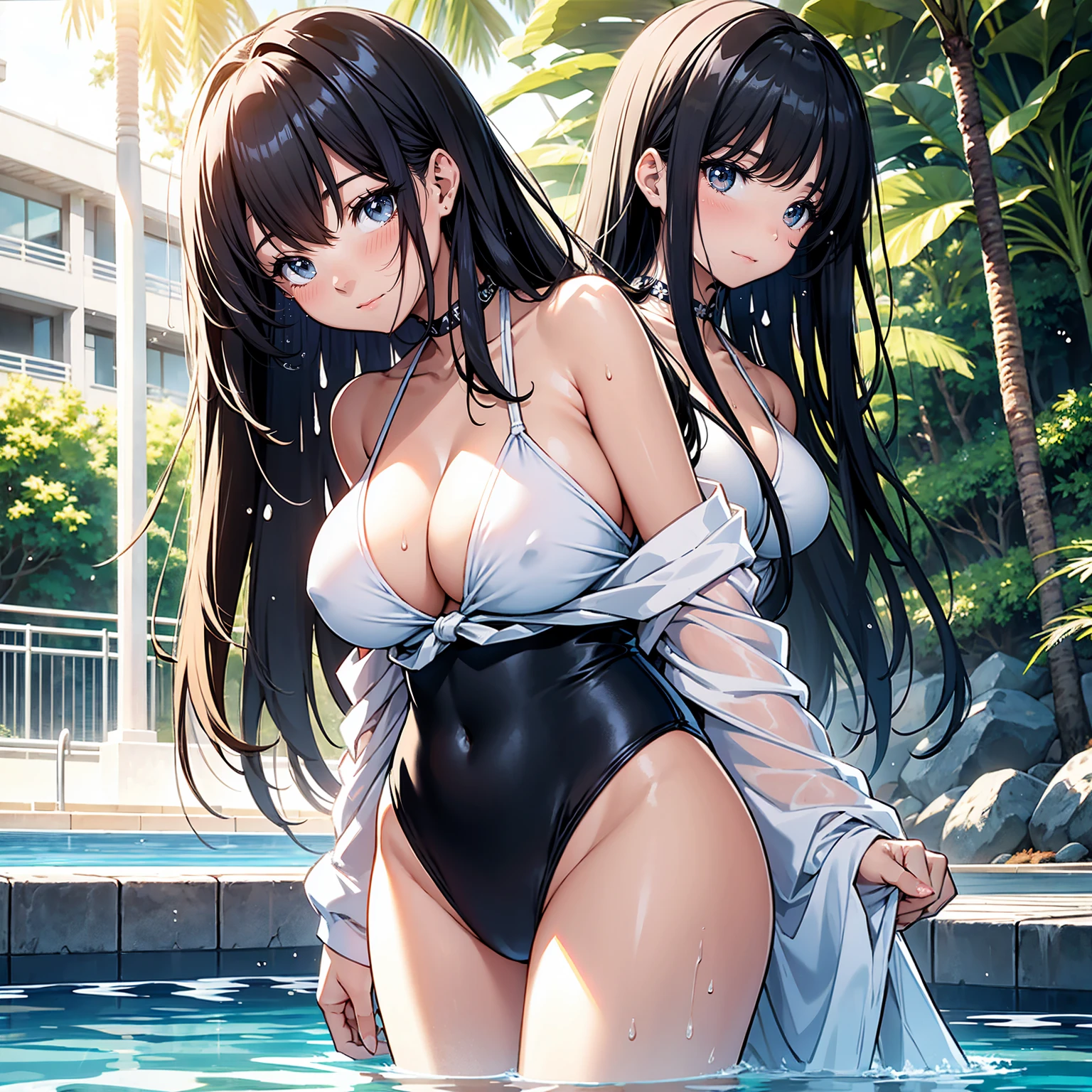 A Japanese princess with a delicate, beautiful face, large eyes, and clear black straight hair, wearing a white bathing suit, standing by the pool. A gentle warm light surrounds the princess. The background is filled with soft out-of-focus sunlight and the splashing water creates a dreamy, alluring atmosphere. Glowing sweat surrounds the princess, adding to the bright atmosphere. 20 years old.