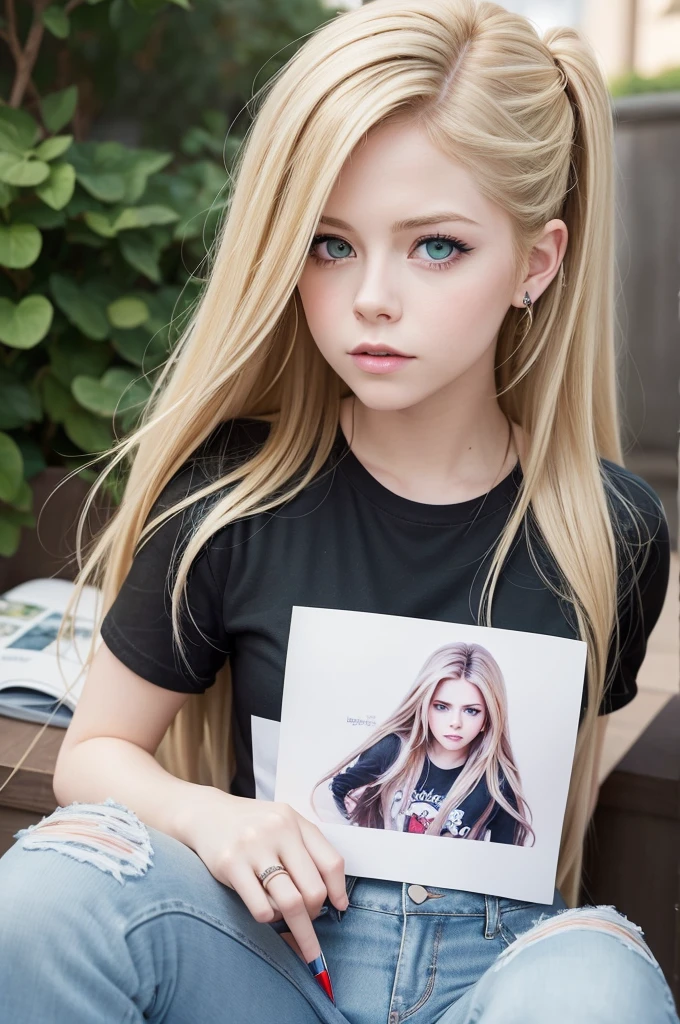 Create a look like singer Avril Lavigne with green eyes and light brown hair with Disney-style blonde highlights, She is wearing a white t-shirt and jeans. The background of the image must contain stationery items such as notebooks, pens and books