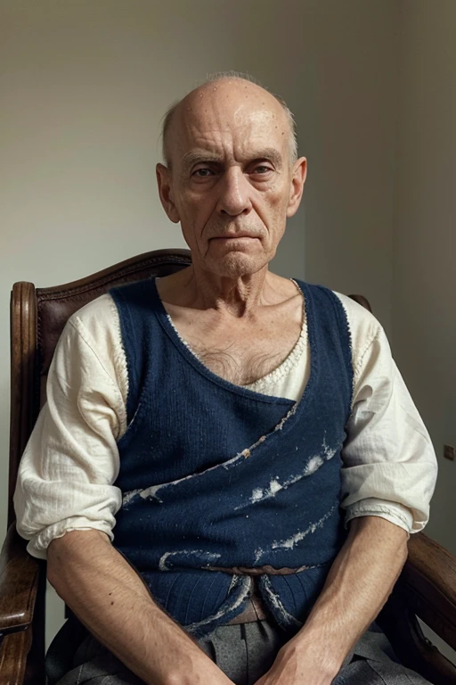 Very old man, 90 years, bald, spotted short head, receding chin,, scrawny shoulders, long neck,  loose skin, runny eyes, a toothless mouth, infirm, cannot walk. Unsmiling, suspicious look. He sits in a beautiful medieval chair. He wears a doublet of wool in the colours, white and blue, wool breaches