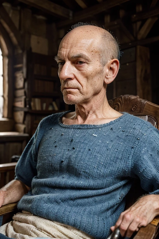 Very old man, 90 years, bald, spotted short head, receding chin,, scrawny shoulders, long neck,  loose skin, runny eyes, a toothless mouth, infirm, cannot walk. Unsmiling, suspicious look. He sits in a beautiful medieval chair. He wears a doublet of wool in the colours, white and blue, wool breaches