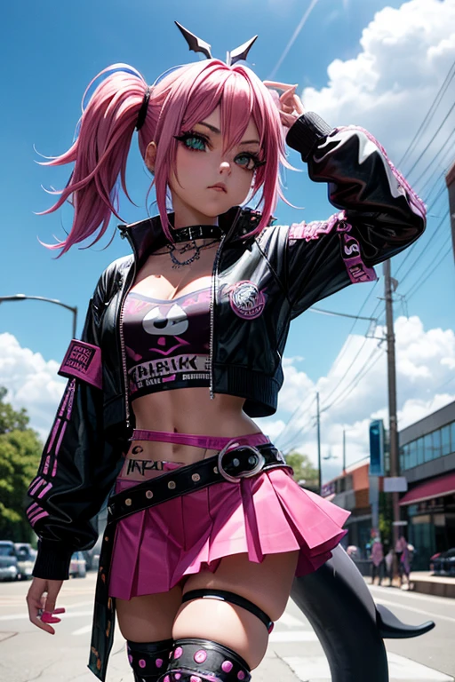 Chica araffe with pink hair y una corona en la cabeza., dressed in punk clothes, dressed in crustpunk clothes, chica anime cosplay, cybergoth, wearing a punk outfit, Kerli Koiv as anime girl, 1 7 year old anime gothic girl, beautiful dolphin, cosplay anime, with pink hair, anime in real life, punk girl