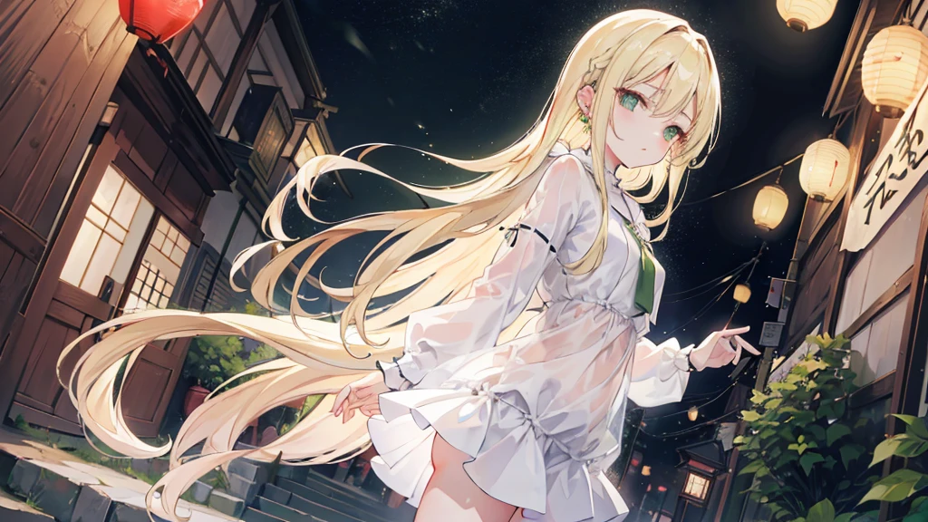 1woman, long blonde hair, green eyes, ear piercing, edgEarPiercing, wearing plain white shirt, mini skirt, small kyoto town, night time, illuminated alley, lanterns, absurdres, high res, ultrasharp, 8K, masterpiece, looking at viewer