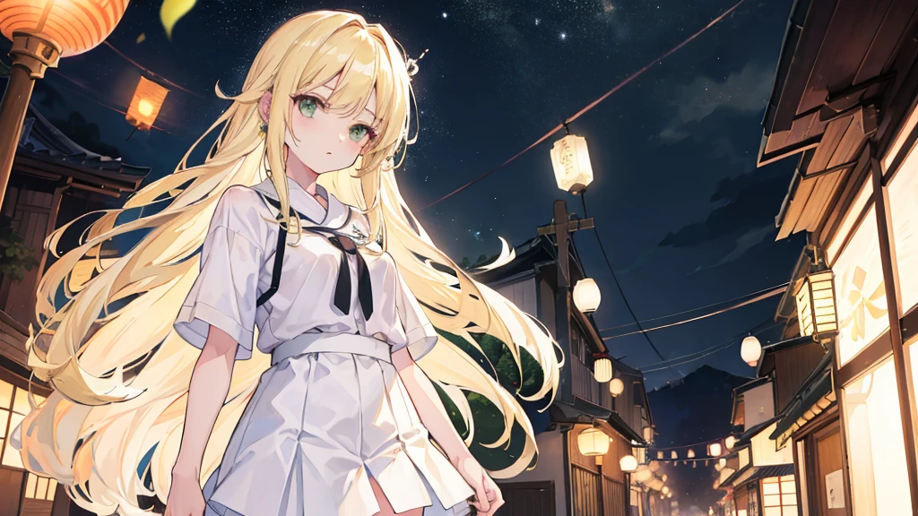 1woman, long blonde hair, green eyes, ear piercing, edgEarPiercing, wearing plain white shirt, mini skirt, small kyoto town, night time, illuminated alley, lanterns, absurdres, high res, ultrasharp, 8K, masterpiece, looking at viewer