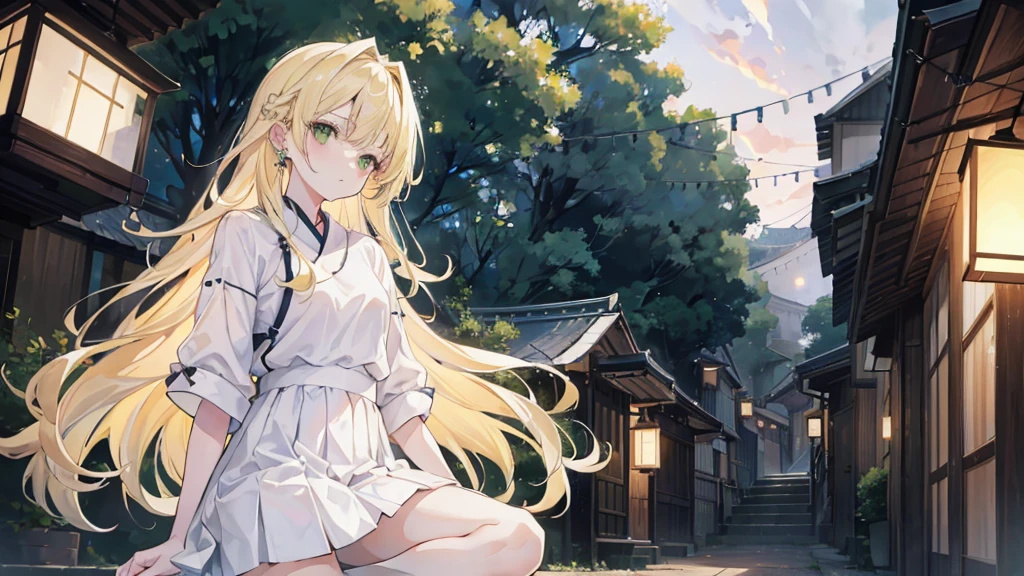 1woman, long blonde hair, green eyes, ear piercing, edgEarPiercing, wearing plain white shirt, mini skirt, small kyoto town, night time, illuminated alley, lanterns, absurdres, high res, ultrasharp, 8K, masterpiece, looking at viewer