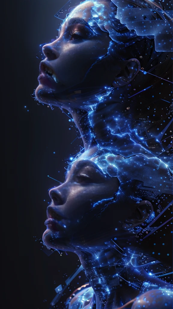 Abstract Art,1 girl,whole body,Side view,Blue Theme,black background,contour,Simple background,Blue skin,Smooth lines,Geometric shapes,Artistic sense,Unique style。