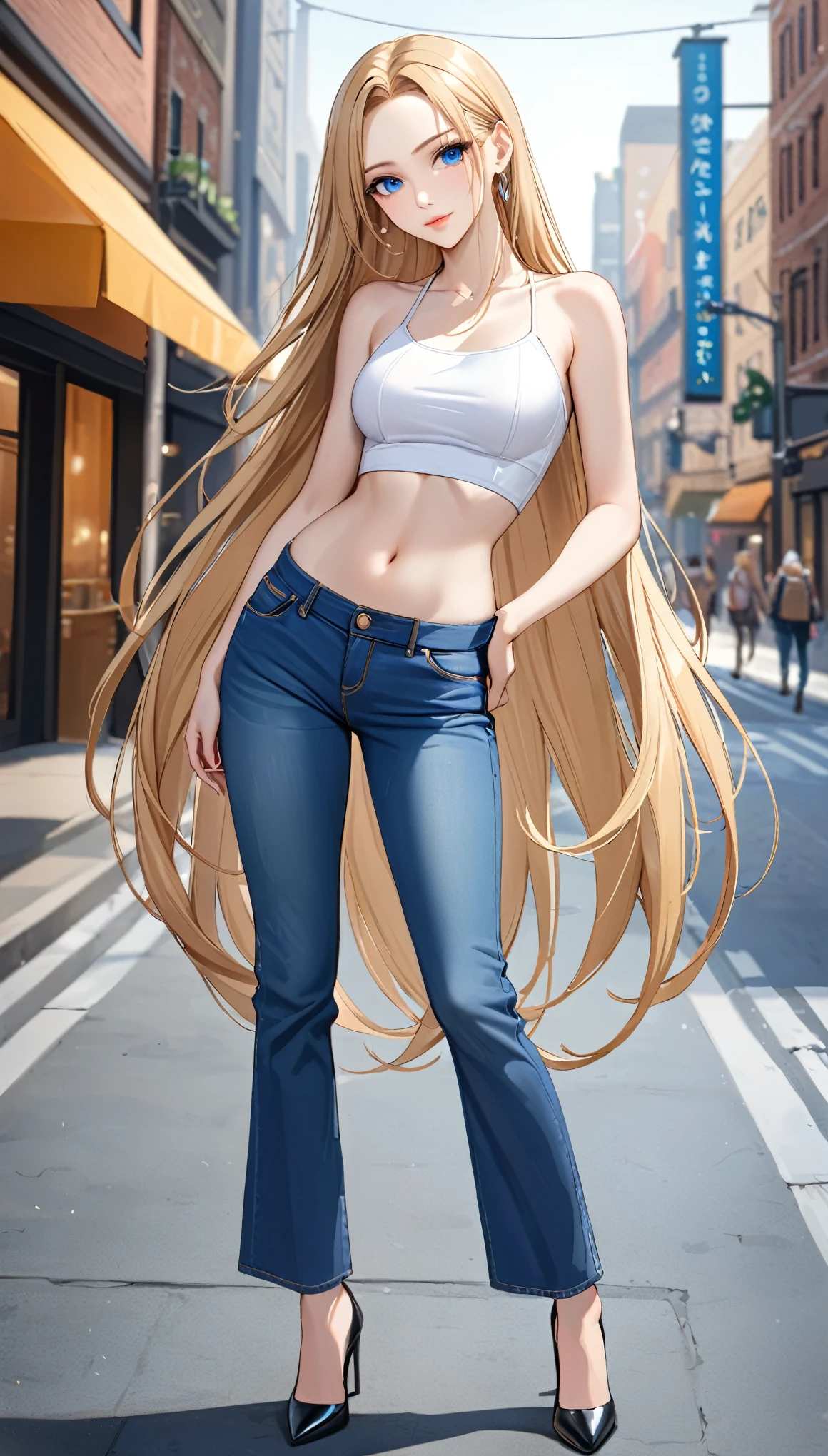 ((best quality, masterpiece:1.3, 8K)), (detailed), highly detailed face and skin texture, detailed eyes, downtown, full body, seductive pose, slender body, 1girl, 25 years old, white skin, blue eyes, bright lips, seductive smile, blonde hair, straight hair, very long hair, (forehead:1.0), white croptop, no sleeves, navel, jeans pants, flares jeans, blue jeans, black heels, 