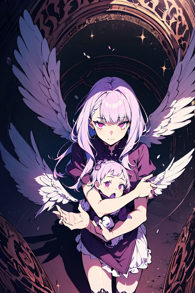 (masutepiece, Absurd quality, Best Quality, Official art, Beautiful and aesthetic:1.2), (1 little girl:1.4), ighly detailed, (Fractal Art:1.3), Colorful, highest details, Vivid Color, From above, Angel, albino, baby-face, Hugging the skull, Dark light, Fluffy white ruffled dress, White lace up short boots, fluffy Angel wings, Purple long hair, Beautiful detailed red eyes, glare at viewer, Lots of skulls,Full body,((upper body)),((Purple hair)),