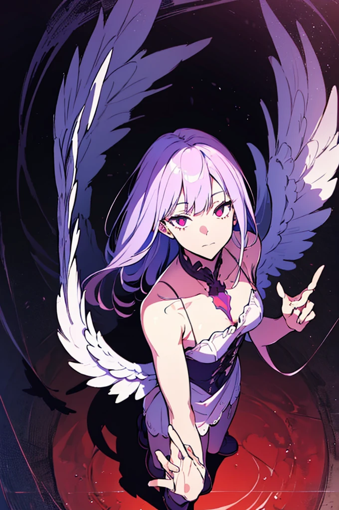 (masutepiece, Absurd quality, Best Quality, Official art, Beautiful and aesthetic:1.2), (1 little girl:1.4), ighly detailed, (Fractal Art:1.3), Colorful, highest details, Vivid Color, From above, Angel, albino, baby-face, Hugging the skull, Dark light, Fluffy white ruffled dress, White lace up short boots, fluffy Angel wings, Purple long hair, Beautiful detailed red eyes, glare at viewer, Lots of skulls,Full body,((upper body)),((Purple hair)),