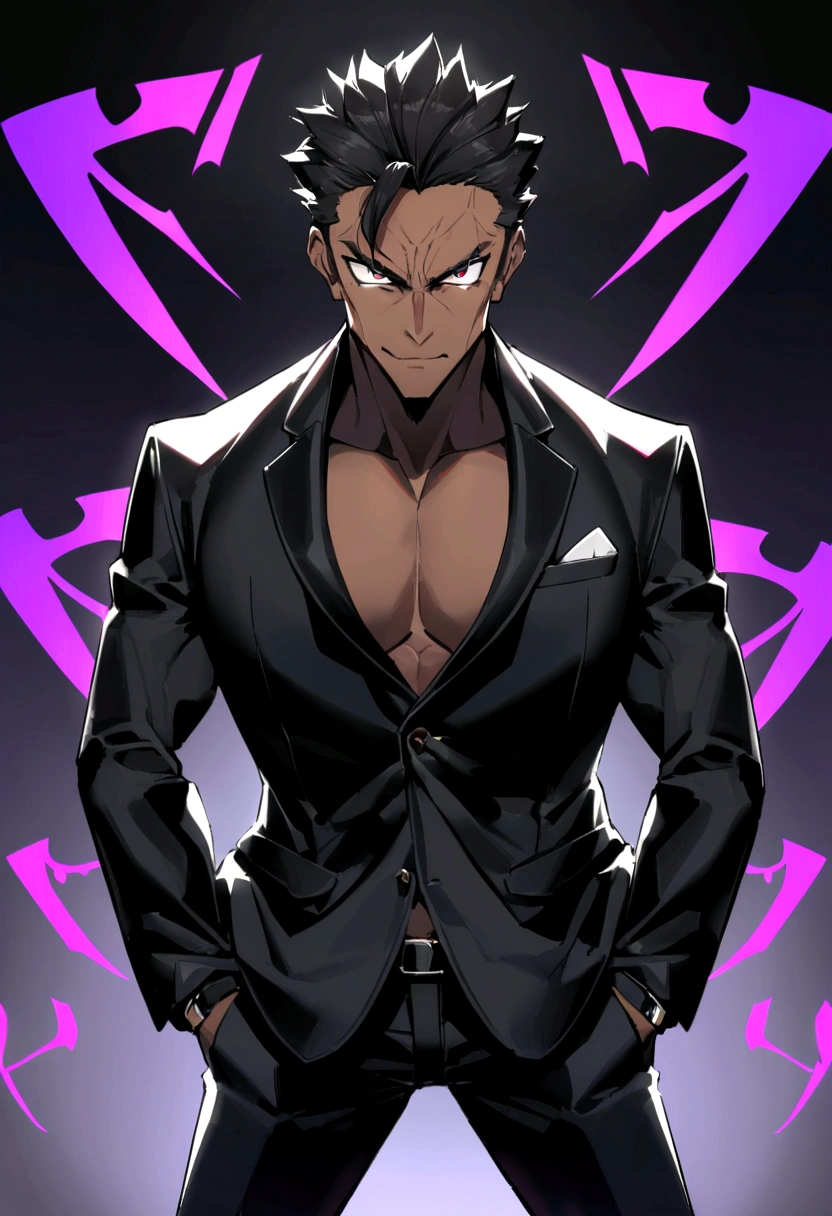 Create a 40 year old black adult male, blackquality hair, eyes black, slickedback hair, hair above the forehead, Grinning, wearing black blazer, pants, fine-detailed, hands in pocket, menacing look, stance, chic, sigma