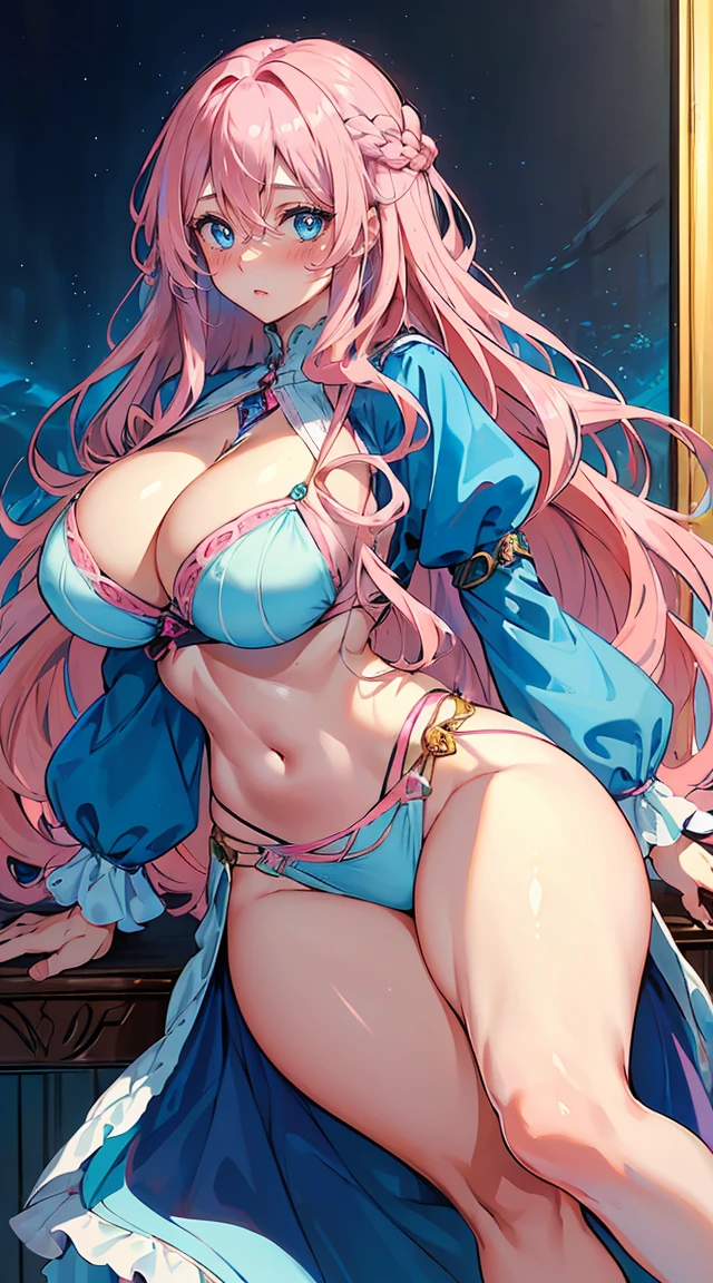 handsome girl,blue-eyes,blue pupils,Long pink hair,Hyperresolution,accuracy,Detailed rendering,(Subtle facial image)(Image of fine hair)(topquality)(Masterpieces of masters)(High degree of completeness)(A sense of atmosphere)tmasterpiece,Super detailed and super detailed(half-body portrait), long wavy pink hair, (((tHICK WAVY HAIR)))(((ANKLE LENGTH HAIR)))(((Blushing)))(((Huge breasts)))(((LARGER BREASTS))) large breasts, bigger breasts (((Bigger breasts))) (((Blushing))) (((Sakimichan))) (((Pink hair))) (((cute outfit)))(((Casual outfit)))