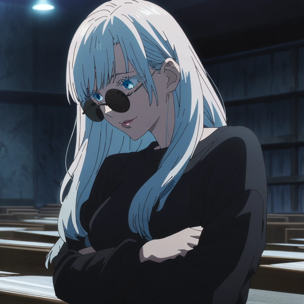1girl, female gojo satoru, anime screencap from jujutsu kaisen, gojo satoru female version, solo, very long_hair, ((smooth texture hair)) blue eyes, ((white eyelashes)), ((very long white_hair)), night view, breasts, upper_body, smile, indoors, book, bangs, blue_eyes, lips, (wearing round sunglasses) ((Side bangs framing her face)) wearing black color sweater off the shoulder, breast, "very detailed and high resolution" (blue eyes) ((cross arms)) ((smooth texture hair)) ((solo)) ((high resolution)) ((upper body)) (Good quality)