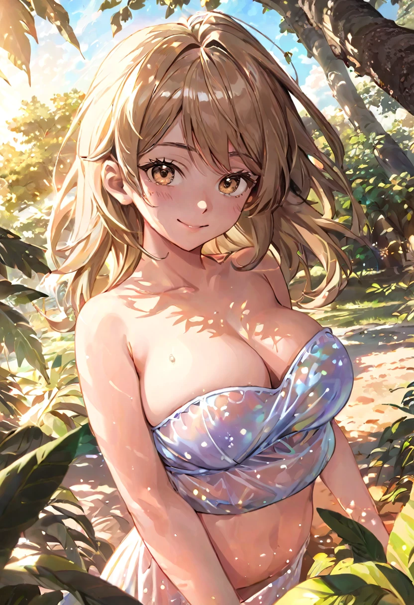 exhibition, transparent, close-up portrait, standing girl, full body, integrated into the surface of a giant nest built in the trunk of an ancient tree, different provocative poses, round, tight, symmetrical breasts, erect, perfect, bare nipples, wide smile, strapless dress, short to the buttocks, suggestive transparent, sun rays, sky, transparent optical 3d illusion extremely dynamic, cozy looking at me sketch by Craola, highly detailed and highly stylized feather fantasy, by [Anton Semenov | Carl Rungius | Ivan Rabuzin | Ed Emshwiller] cinematic, 32k, sun rays, highly detailed dynamic intricate pose, delicate and unusual luminous fog, highly detailed pose, intricate, intricate, oil painting, thick strokes, masterpiece, high quality, centered, perfect composition