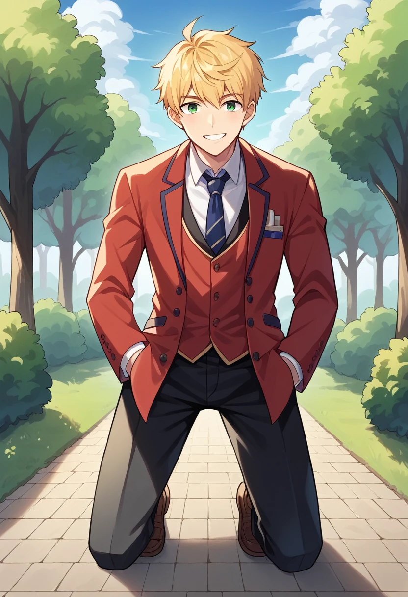 score_9, score_8_wonderful, score_7_wonderful, sauce_Anime BREAK 1 Boy, alone, Male Focus, Part 1 Leanne, blonde, , Red Blazer, tie, Black trousers, Outdoor, Are standing, Put your hands in your pockets, View your viewers, smile，On all fours