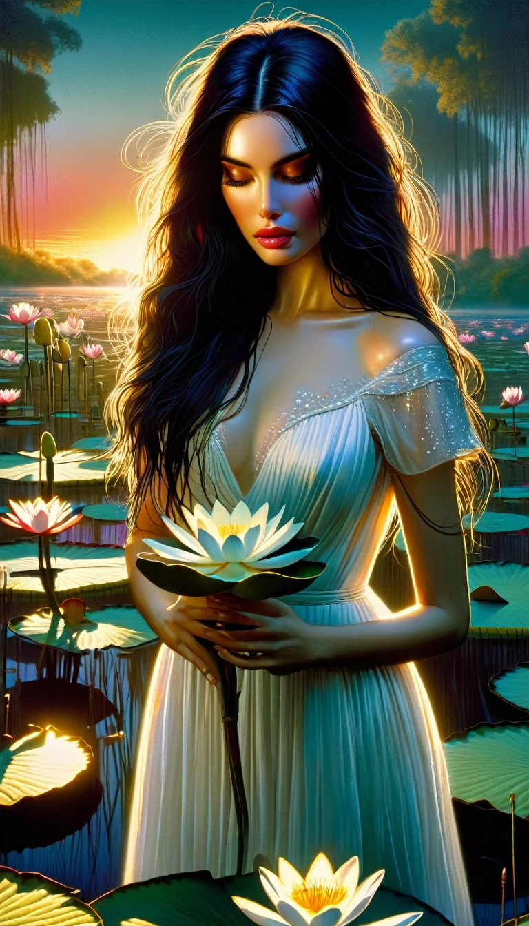 a beautiful woman with long black hair, a pet mouse, standing in a swamp with water lilies, wearing a wet white dress, smelling the flowers of a tree, sunset landscape, (best quality,4k,8k,highres,masterpiece:1.2),ultra-detailed,(realistic,photorealistic,photo-realistic:1.37),extremely detailed face and eyes,high quality portrait,realistic portrait,dramatic lighting,moody atmosphere,cinematic,intricate details,lush foliage,reflective water,warm color palette,glowing sunset (art inspired in Bill Sienkiewicz).