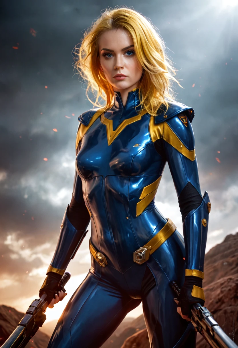 a powerful thunder ranger with a beautiful face, small breasts, wearing a tight suit, with yellow hair, wielding alien weapons, against a dramatic thunder backdrop, ultra-detailed, 8k, highly realistic, cinematic lighting, dramatic colors