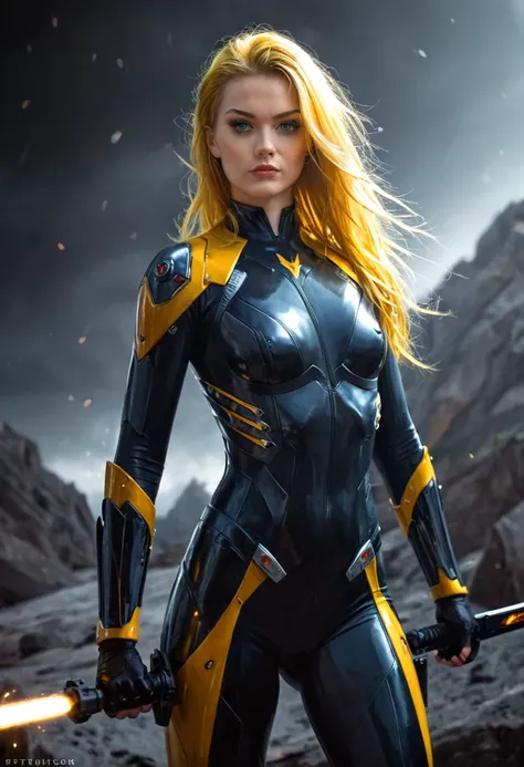 a powerful thunder ranger with a beautiful face, small breasts, wearing a tight suit, with yellow hair, wielding alien weapons, ...