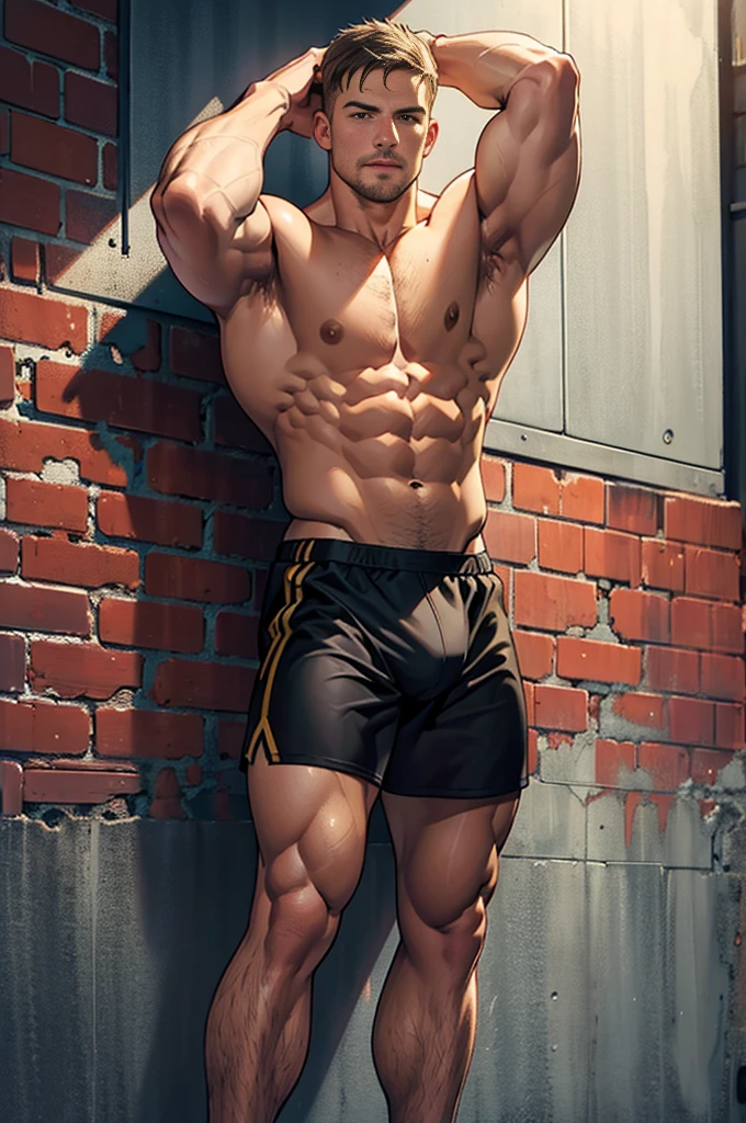 42K, high quality , Detailed face , Detailed hands , Detailed muscles , Stephen Amell stands, Posing in the gym ,stand with legs spread, Show off his muscles, Background brick wall with men's health poster,Realism,Chest muscles,underwear,nude,Full of details,Cinematic feel,Full of details的環境空間