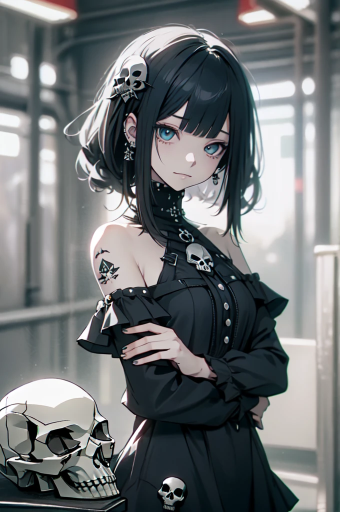 Hair ornaments、piercings、tattoo、good_punk, 1girl in, Alone,、highest qualityr, photorealistic, Some ultra-fine illustrations, Beautiful attractive anime girl,(mini dress:1.4),  Miku Hatsune, Skinny body, tied hair, a  girl, A picture of a girl, Full body shot, beautiful blue eyes:1.4, Converted,arete、Hair ornaments、jewely、Miku Hatsune、(fondo Skull Night Cemetery:1.4), unreal engine:1.4,UHD,The best quality:1.4, photorealistic:1.4, skin texture:1.4, Masterpiece:1.8,(detailed:1.4),