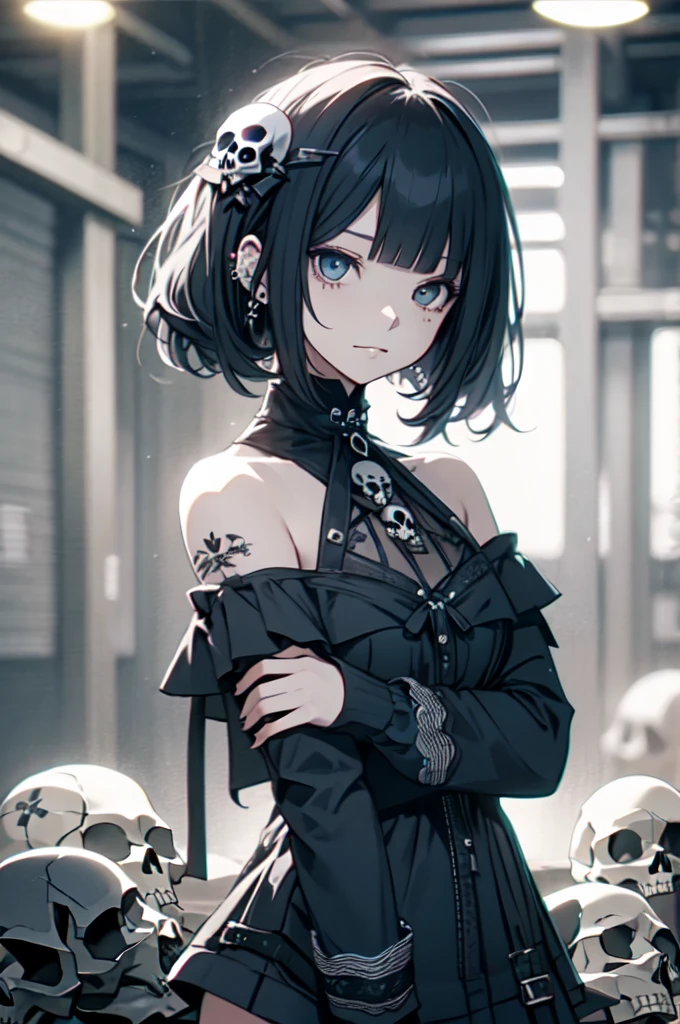 Hair ornaments、piercings、tattoo、good_punk, 1girl in, Alone,、highest qualityr, photorealistic, Some ultra-fine illustrations, Beautiful attractive anime girl,(mini dress:1.4),  Miku Hatsune, Skinny body, tied hair, a  girl, A picture of a girl, Full body shot, beautiful blue eyes:1.4, Converted,arete、Hair ornaments、jewely、Miku Hatsune、(fondo Skull Night Cemetery:1.4), unreal engine:1.4,UHD,The best quality:1.4, photorealistic:1.4, skin texture:1.4, Masterpiece:1.8,(detailed:1.4),