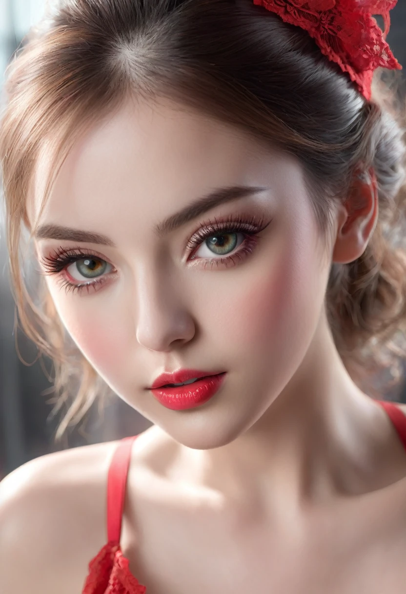 "A girl with beautifully detailed eyes and lips, an extremely detailed face, wearing red lingerie, with long eyelashes, (best quality, high resolution, masterpiece: 1.2), ultra detailed, (realistic, photorealistic, photorealistic: 1.37), conceptual lighting I."