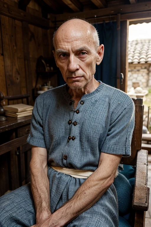 Very old man, 90 years, bald, spotted short head, receding chin,, scrawny shoulders, long neck, loose skin, runny eyes, a toothless mouth, infirm, cannot walk. Unsmiling, suspicious look. He sits in a beautiful medieval chair. He wears fin medieval clothes, a doublet of wool in the colors, white and blue, wool breaches