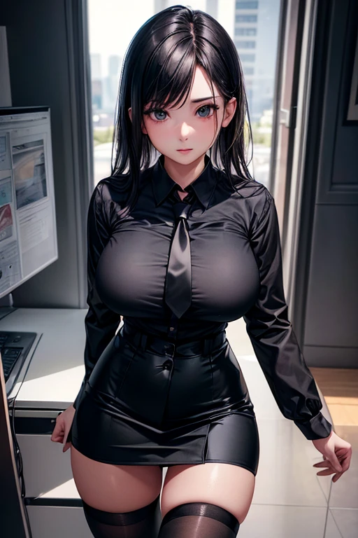 (Best Quality, highest resolution, ray tracing), (1 girl, Alone, , Appearance, , very big breasts, black office uniform), slim fit button down shirt with loose buttons, tie, tube skirt, (Realistic black stockings)