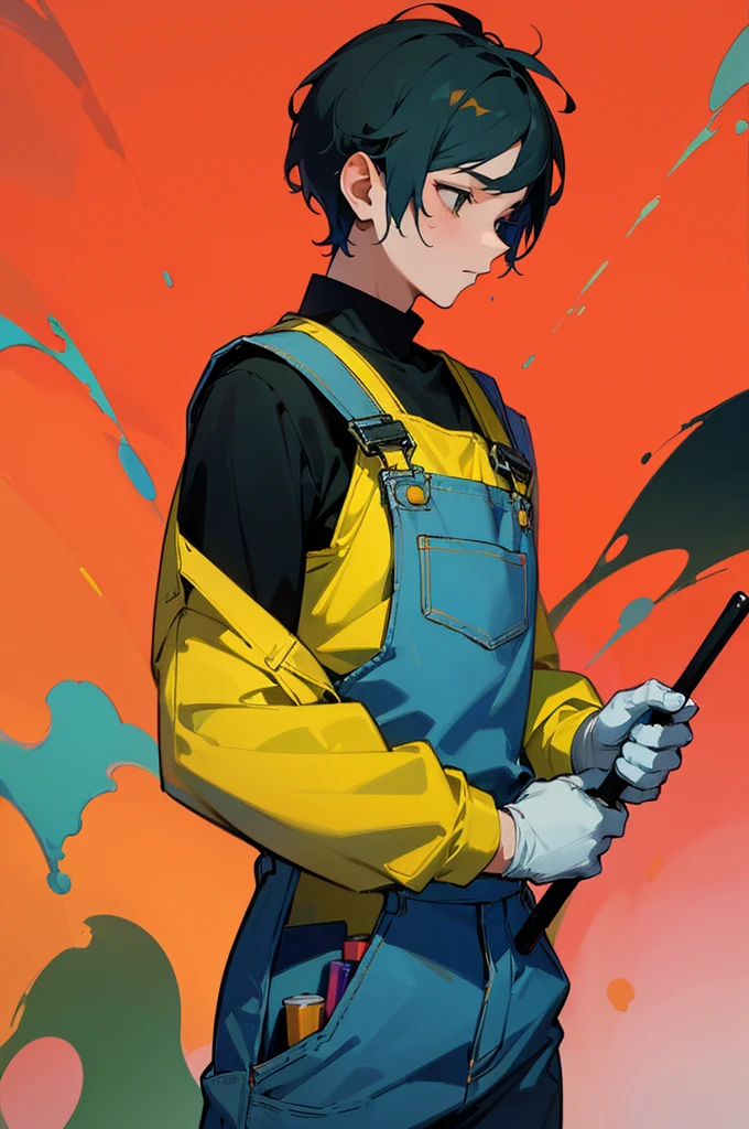 (work of art, better quality:1.2), 1 man, alone, Wear dirty overalls., With brush and palette in hand. short hair, Colorful and dreamy hair. young man, colorful splash background