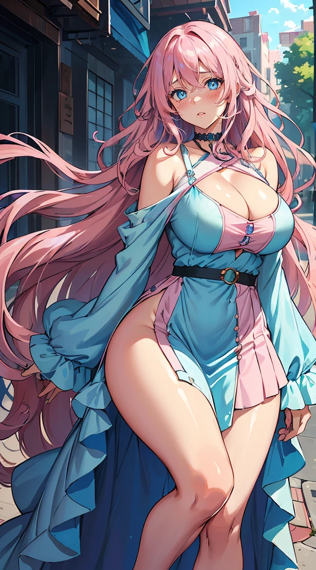 handsome girl，blue-eyes，blue pupils，Long pink hair，Hyperresolution，accuracy，Detailed rendering，（Subtle facial image）（Image of fine hair）（topquality）（Masterpieces of masters）（High degree of completeness）（A sense of atmosphere）tmasterpiece，Super detailed and super detailed（half-body portrait), long wavy pink hair, (((tHICK WAVY HAIR)))(((ANKLE LENGTH HAIR)))(((Blushing)))(((Huge breasts)))(((LARGER ))) , bigger  (((Bigger ))) (((Blushing))) (((Sakimichan))) (((Pink hair))) (((cute outfit)))(((Casual full outfit)))(((Dressed up))) (((Covered up))) (((Casual dress)))