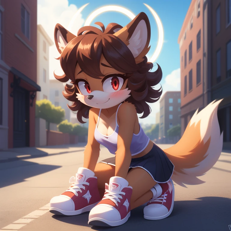 mobian, solo, hedgehog, two-tone fur ((orange fur, brown fur)), sexy v-neck cami top and skirt set, high-top sneakers, small breasts, two-tone hair (brown hair, black tip)), curly hair, halo, sunglasses, jewelry, red eyes, longeyelashes, red eyes, smile, shy, blush, pose, high detail, masterpiece, UHD, anatomically correct, super detail, highres, 4K