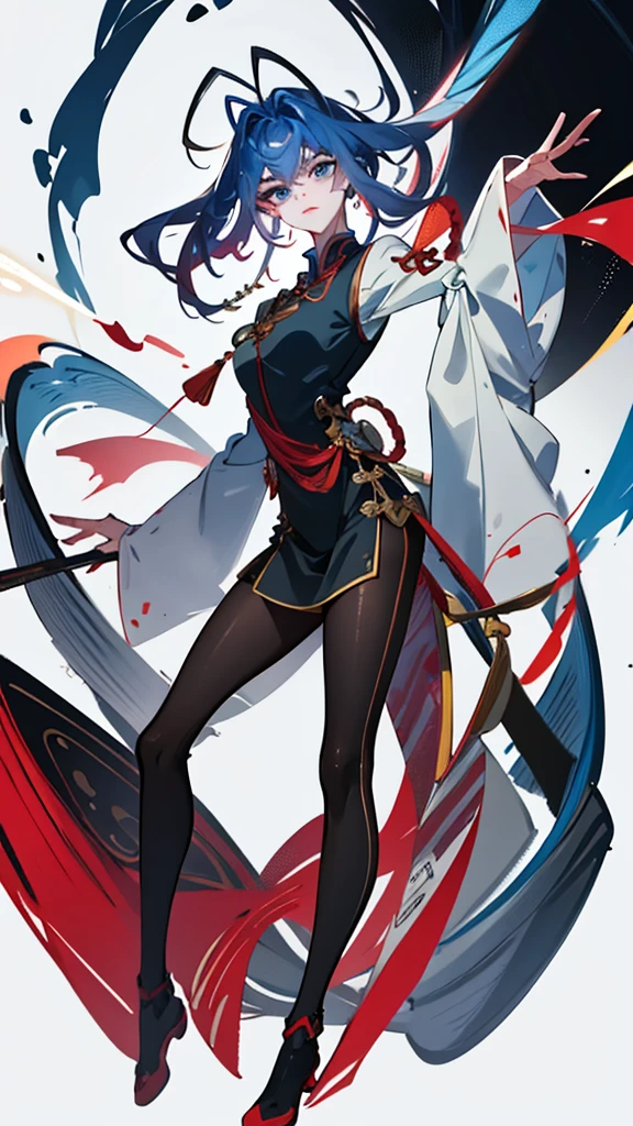 Masterpiece, Best quality, 1 Tang Wu Tong, the expression is cold, strong, blue eyes, short hair, wolfcut hairstyle, smoky mix blue color hair, resolute eyes, red lips, simple Taoist Taoist uniform, Chinese mix morden, frontal photo, black or white background, simple background, anime, illustration, full body