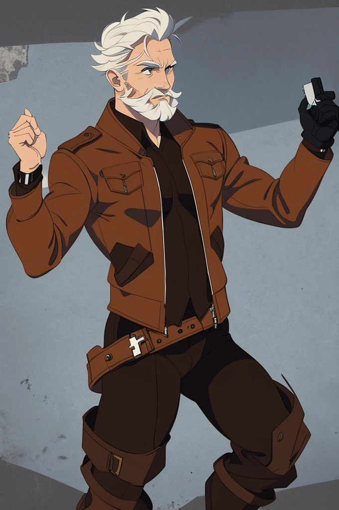 solo Male, muscular, White short hair, brown short beard, brown long sleeve leather jacket, holding a pistol, full body, stoic attitude.