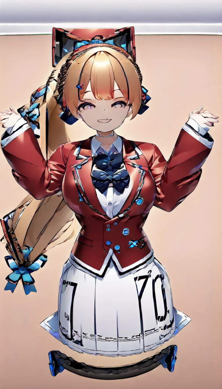 masterpiece, best quality, highres, ponytail hair, (single braid:1.2), hair ribbon, red blazer,buttoned blazer, blue bowtie, long sleeves, white skirt,smile,jumping ,posing,from front,background the sky, closed mouth,score_9, score_8_up, score_7_up, score_6_up, source_anime 