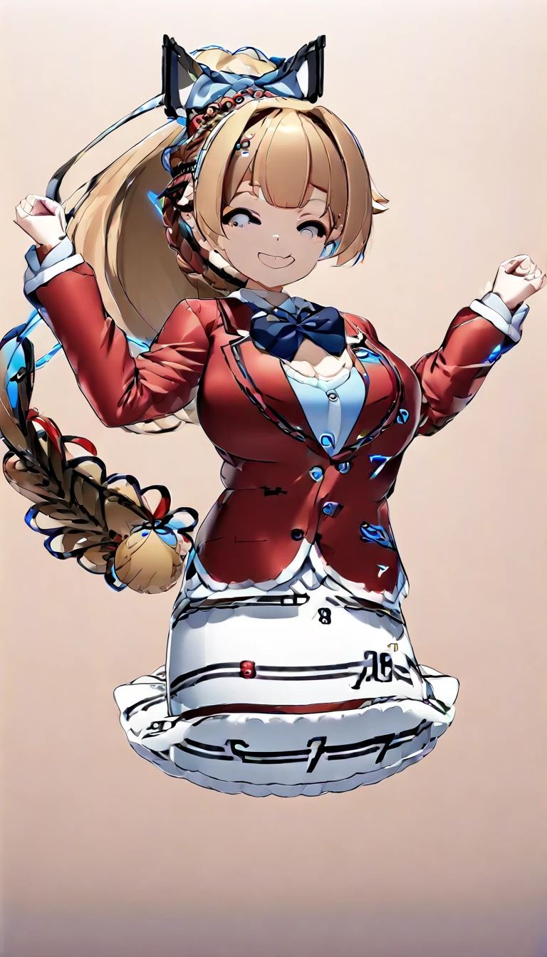 masterpiece, best quality, highres, ponytail hair, (single braid:1.2), hair ribbon, red blazer,buttoned blazer, blue bowtie, long sleeves, white skirt,smile,jumping ,posing,from front,background the sky, closed mouth,score_9, score_8_up, score_7_up, score_6_up, source_anime
