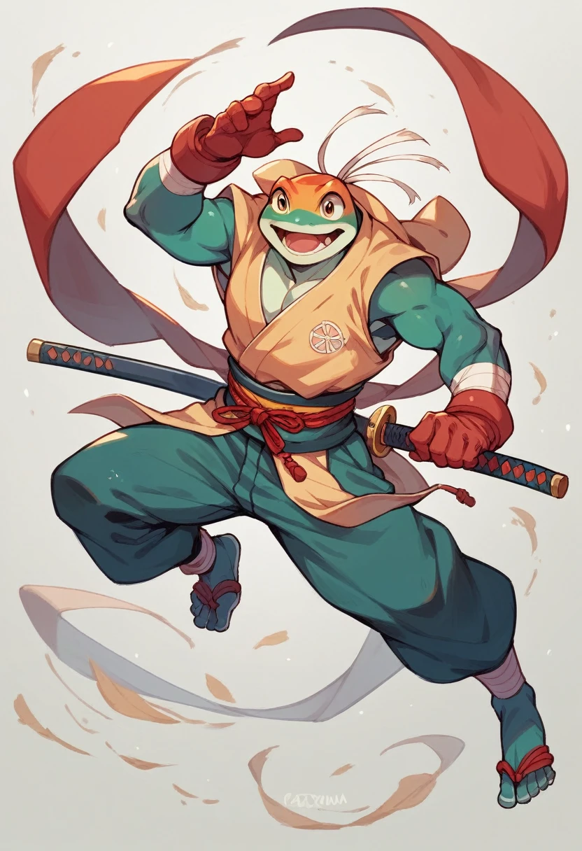 Samurai frog with two katanas