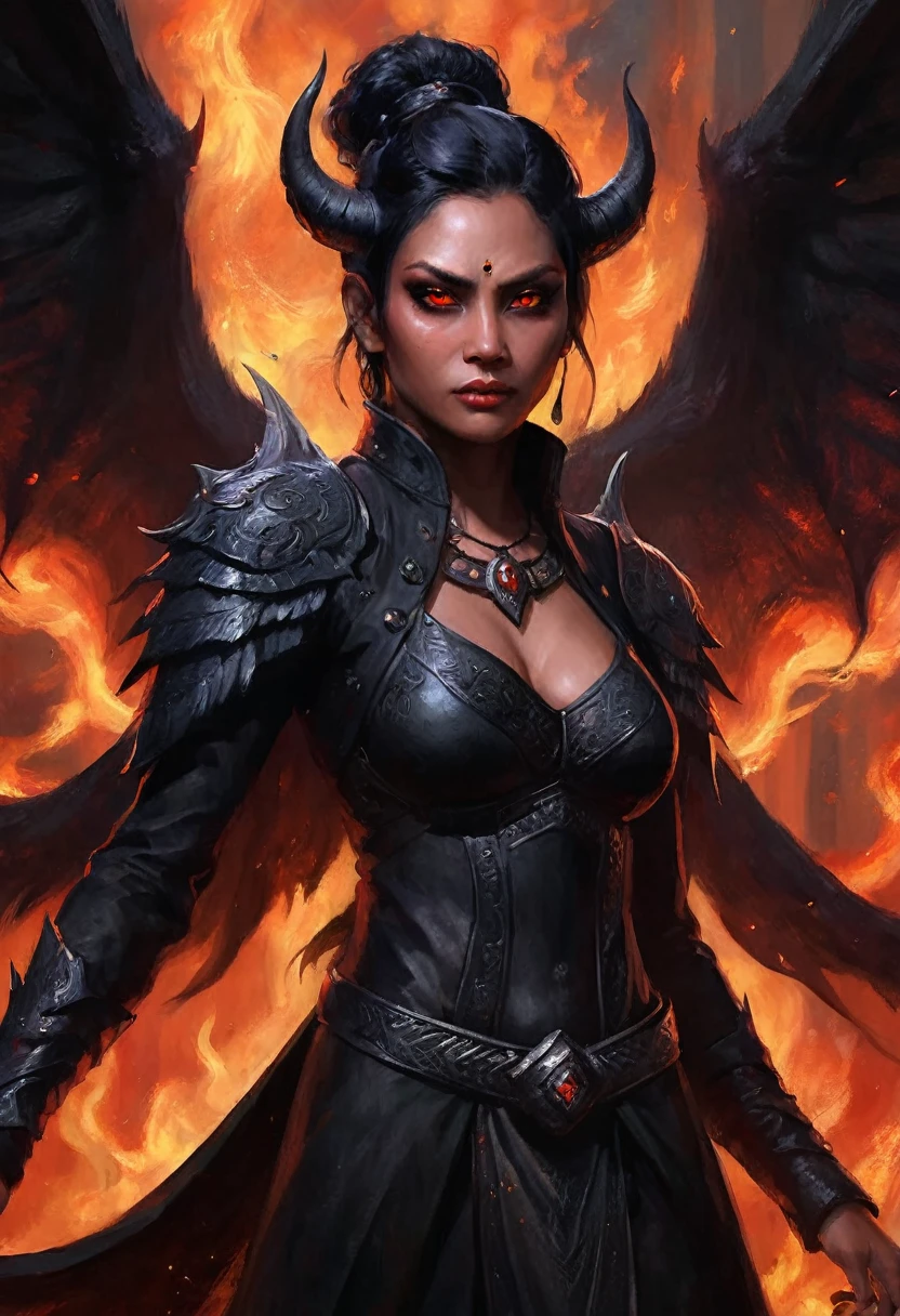 Detailed digital painting of full body female Baldur's Gate 3 Demon Mizora, Amita Suman, stunning pretty but mean facial traits, grey skin, leathery huge and black demonwings, fiery and ominous atmosphere, high quality, digital painting, menacing demonic features, glowing eyes, intense expression, swirling background flames, dark and foreboding color tones, intricate horns, fiery backdrop, dramatic lighting