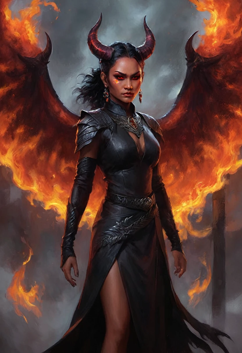 Detailed digital painting of full body female Baldur's Gate 3 Demon Mizora, Amita Suman, stunning pretty but mean facial traits, grey skin, leathery huge and black demonwings, fiery and ominous atmosphere, high quality, digital painting, menacing demonic features, glowing eyes, intense expression, swirling background flames, dark and foreboding color tones, intricate horns, fiery backdrop, dramatic lighting