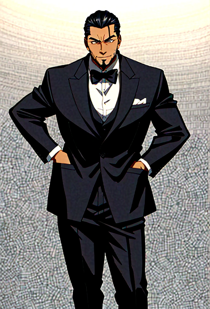 Create a 40 year old black adult male, blackquality hair, eyes black, hair slicked back, hair above the forehead, Grinning, wearing black blazer, pants, detailded, hands in pocket, menacing look, Position, posh, sigma