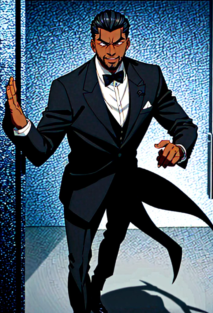Create a 40 year old black adult male, blackquality hair, eyes black, hair slicked back, hair above the forehead, Grinning, wearing black blazer, pants, detailded, hands in pocket, menacing look, Position, posh, sigma