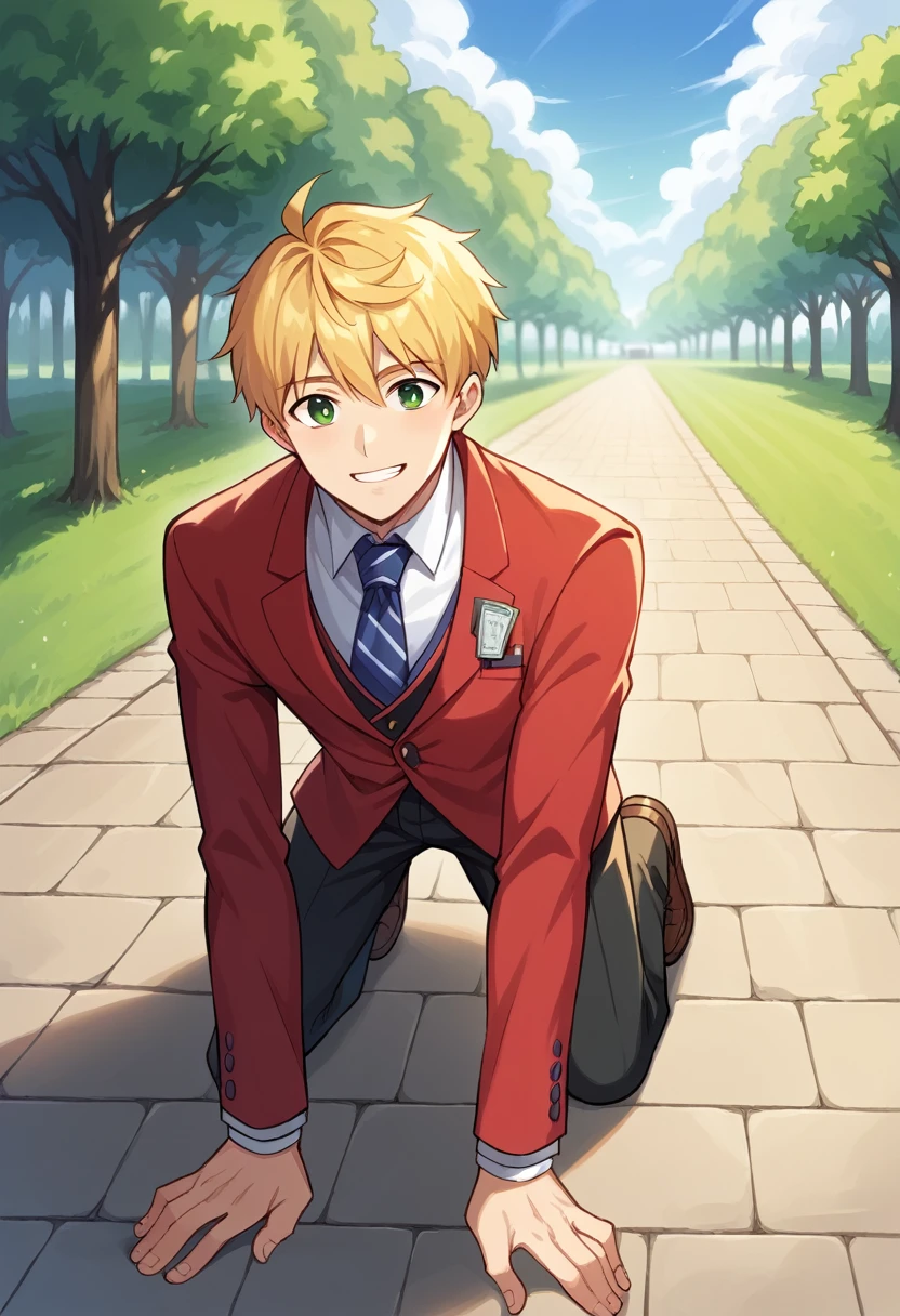 score_9, score_8_wonderful, score_7_wonderful, sauce_Anime BREAK 1 Boy, alone, Male Focus, Part 1: Leanne, blonde, , Red Blazer, tie, Black trousers, Outdoor, View your audience, smile，Get on all fours and place your hands on the floor